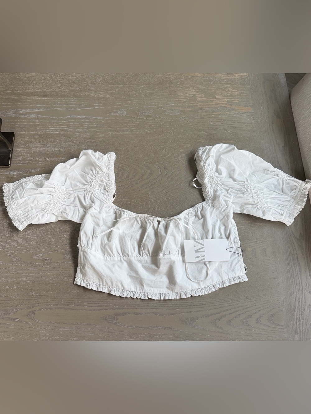 Zara White Puff-Sleeve Backless Ruffle Crop Top